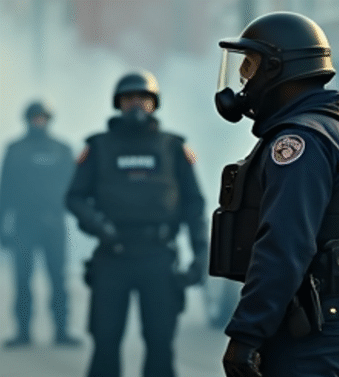 A photo of Police Wearing a Gas Mask