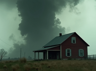 A photo of a tornado and a house
